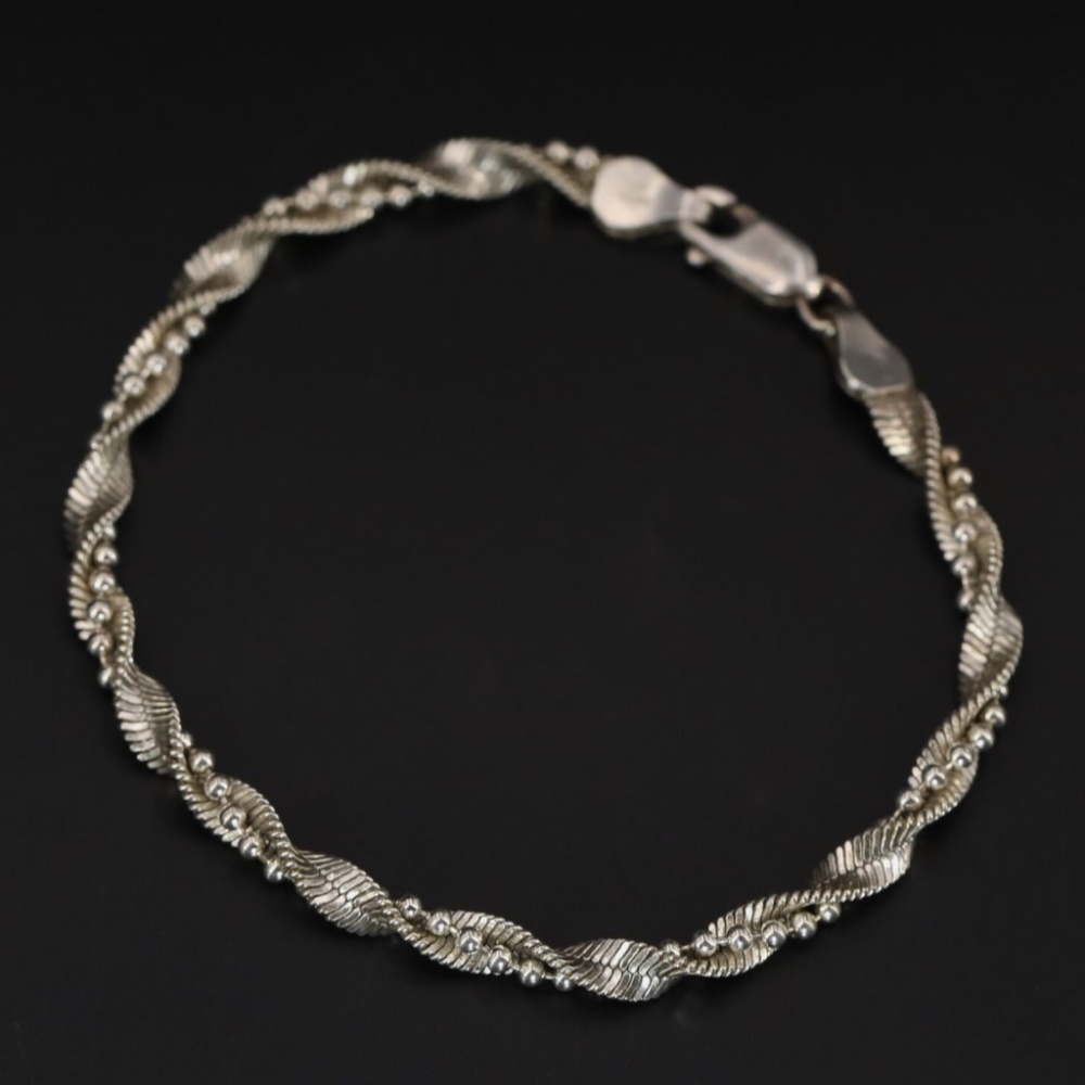 Sterling Silver Braided Ball & Herringbone Chain 7.25" Bracelet Made in Italy